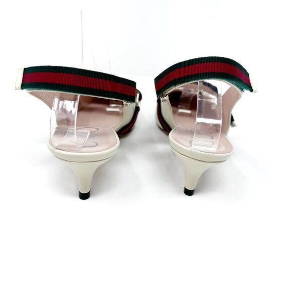 Gucci Malaga Kid Cream Web Stripe Horsebit Low Kitten Heel Slingback Pumps EU 38 - Picture 5 of 11